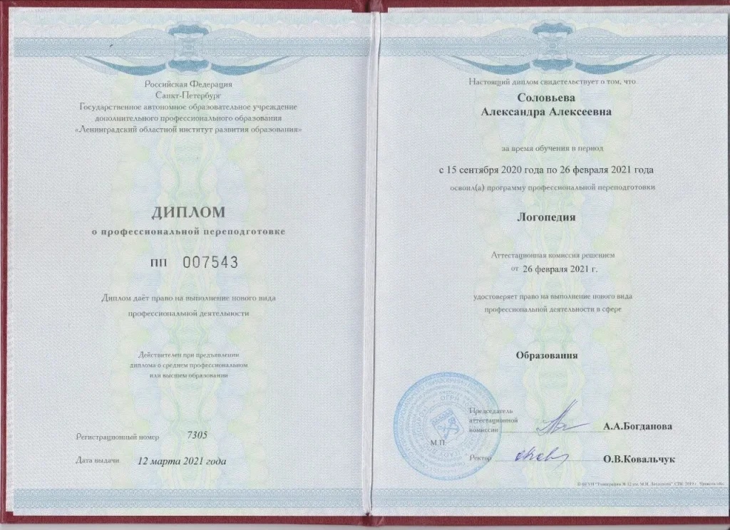 Диплом - Логопедия, 2021 год, Соловьева А.А.